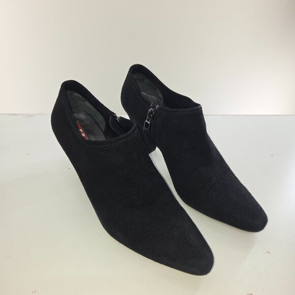 Prada Women's Ankle Bootie Suede Side Zip Cone Heel Black Size 8.5 - Picture 1 of 11